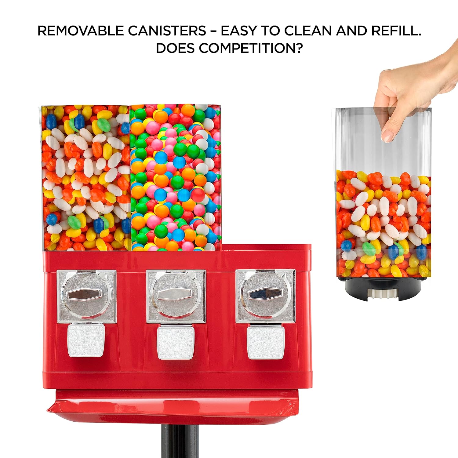 Commercial Candy Vending Machine Triple Candy Machine Dispenser for Gumball Candy with 3 Removable Canisters and Quarter Coin Operated Vending Machine with Anti-Theft Lock for Business Meets FDA Norms
