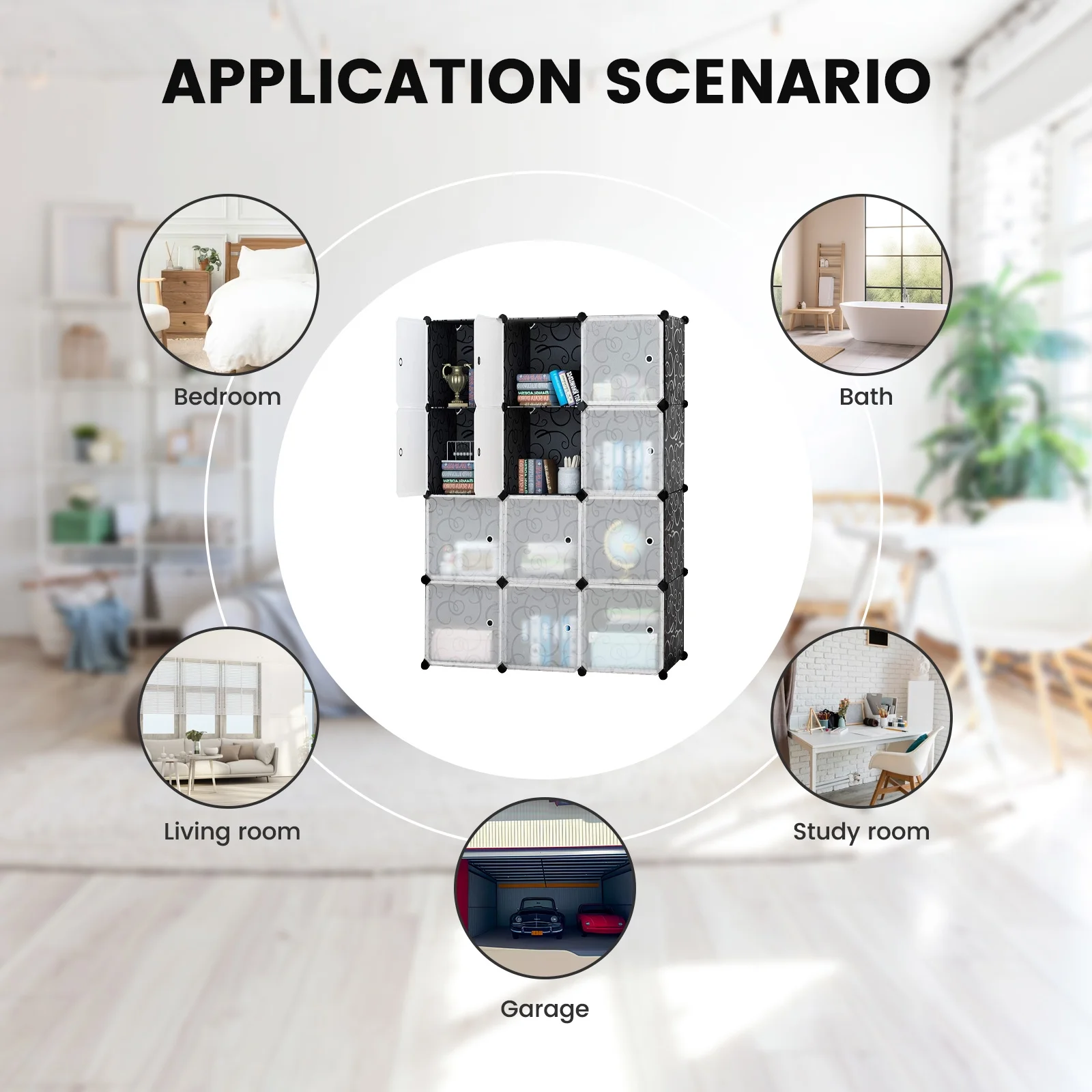 12-Cube DIY Portable Closet Cube Organizers, Plastic Bookshlef Wardrobe Cabinet Storage Organizer W/Doors, Display Storage System DIY Bookshelf Organizer Shelves Plastic Storage Cube