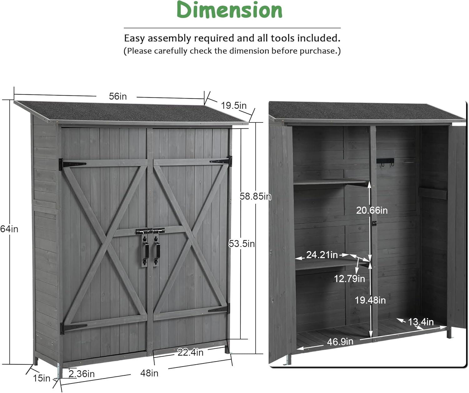 Outdoor Storage Shed, Wood Garden Cabinet with 2 Lockable Doors, 2 Adjustable Shelves & Metal Hooks, Ider for Yard Garge Patio Deck Porch, 56" L x 19.5" W x 64" H - Aqua Grey