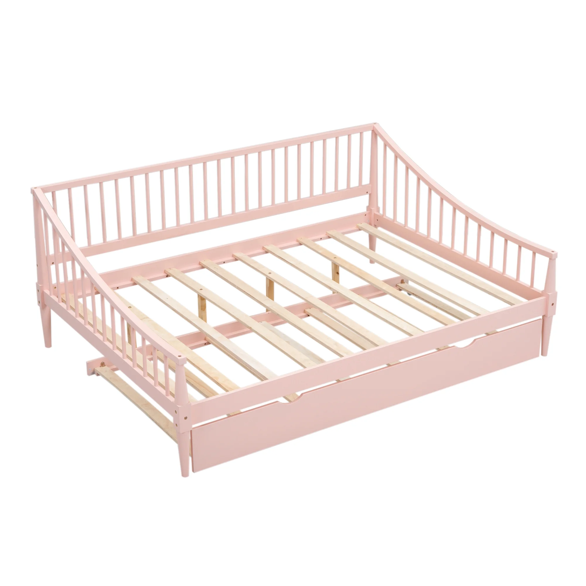 EUROCO Wood Full Size Daybed with Twin Trundle Bed for Kids Teens Adults, Solid Wood Bed Frame with Support Legs, Pink