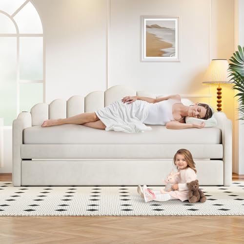 Twin Size Daybed with Trundle, Velvet Day Bed Frame with 2 USB Charging Ports, No Box Spring Needed, Modern Upholstered Sofa Bed with Roll-out Trundle for Bedroom, Living Room, Guest Room, Pink