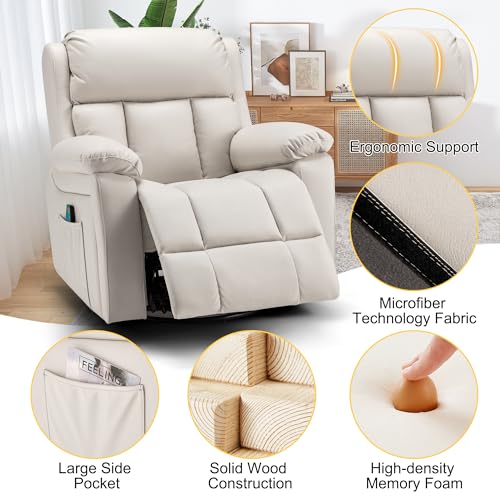 GYUTEI Massage Recliner Chair with Heated, 360 Degree Swivel Rocking Recliner Chair for Adults, Microfiber Cloth Lazy Boy Recliner with Side Storage Bag for Living Room, Bedroom, Nursery (Beige)