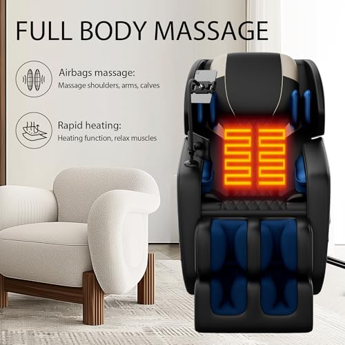 Full Body Massage Chair, PU Leather Zero Gravity Massage Chair with Airbags and Foot Roller, 6 Fix Point Rollers Recliner Chair, Gold