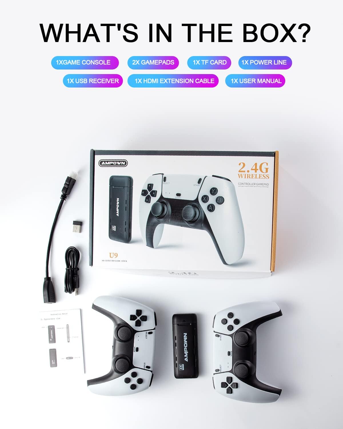 U9 Retro Game Console, Plug and Play Video Games Built-in 12000+ Classic Game 4K Ultra HD Game Stick with 2.4G Wireless Joystick Controller Supports 20+ Emulators