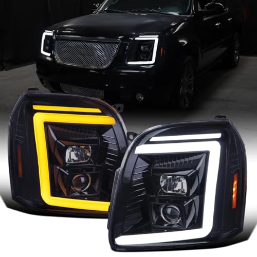 Fits 2007-2014 GMC Yukon XL 1500 2500 Upgraded LED Tube Switchback Sequential Turn Signal Projector Headlights Assembly Pair | Black Smoke