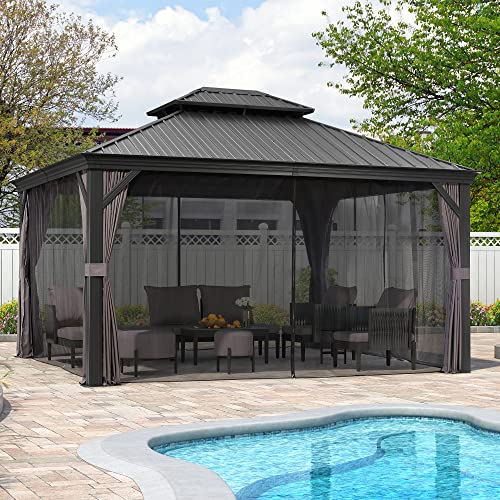 PURPLE LEAF 10' X 14' Permanent Hardtop Gazebo Aluminum Gazebo with Galvanized Steel Double Roof for Patio Lawn and Garden, Curtains and Netting Included, Grey