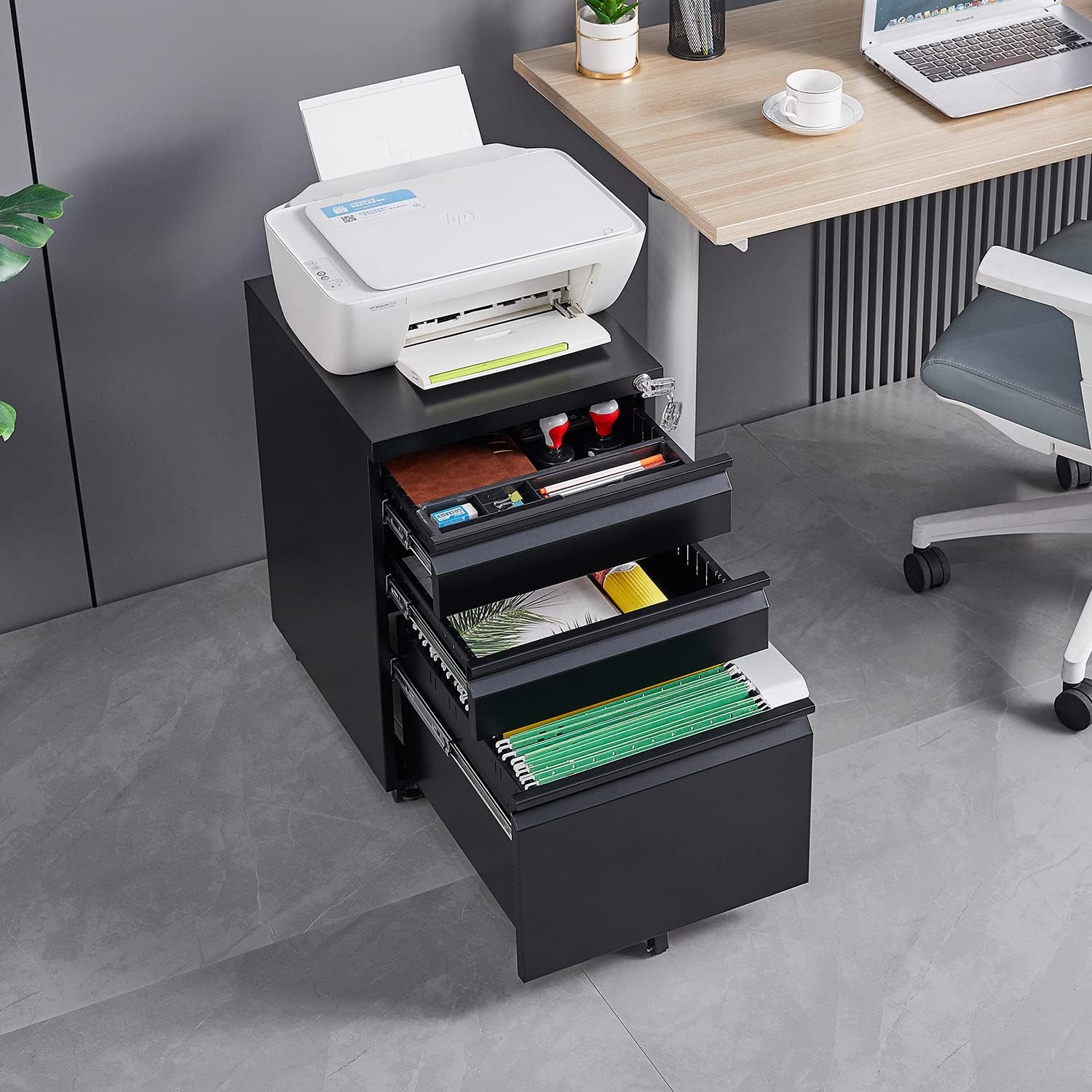 Mobile Printer Stand with Drawers and Lockable Wheels, 3-Drawer Office Storage Filing Cabinet with Lock for Legal Letter Size, Pre-Assembled Metal File Cabinet Except Wheels Under Desk Black
