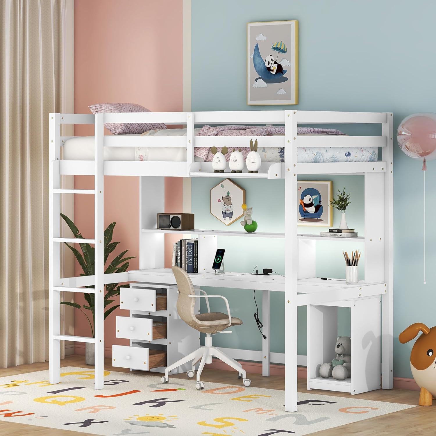 Full Size Loft Bed with Multi-Storage Desk, LED Light, Bedside Tray, Charging Station, and Wooden Frame with 3 Drawers - Perfect for Kids, Teens, Dorm Rooms, and Small Spaces, White（41.8" W）