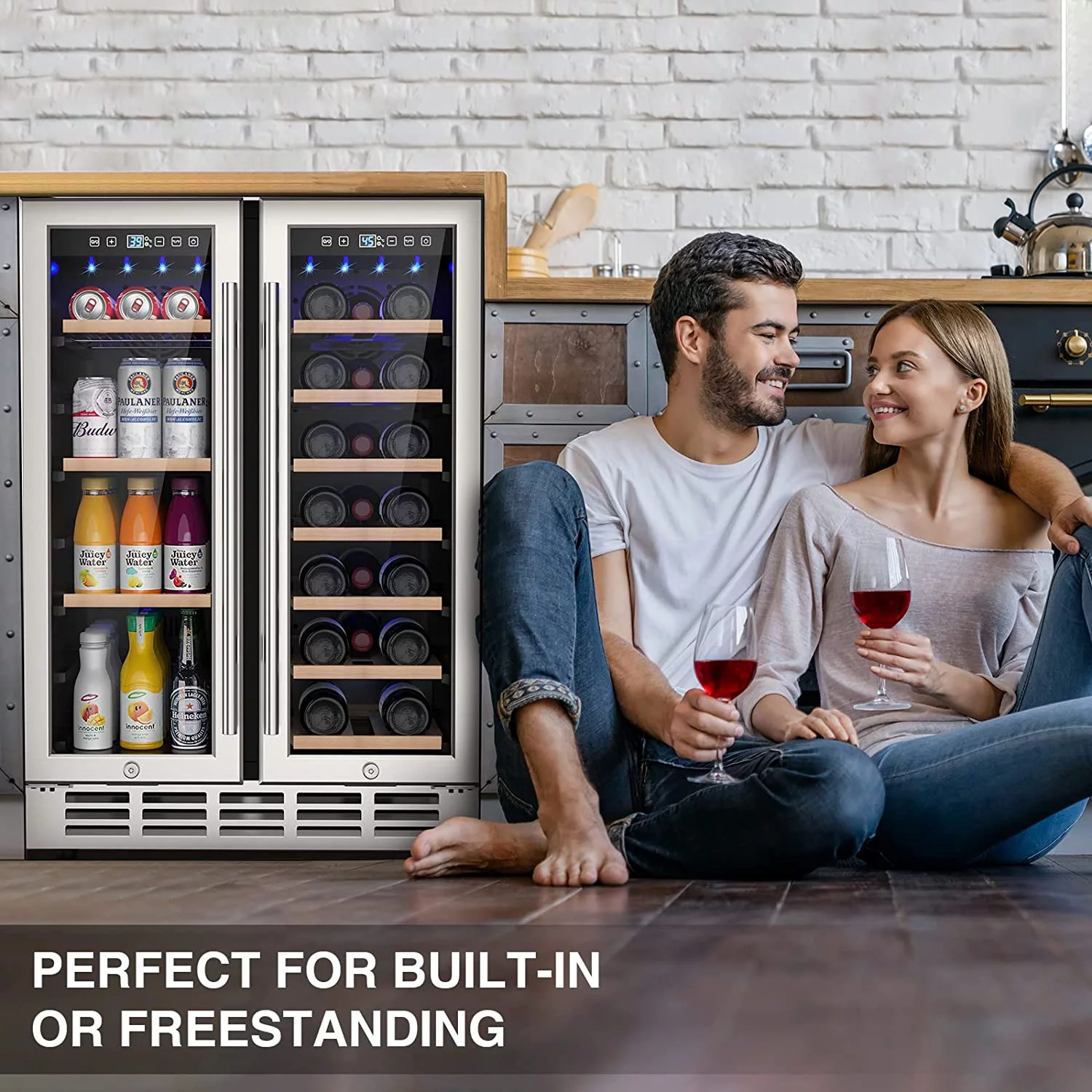 Rocita Dual Zone Wine Cooler Beverage Refrigerator, 24 inch Wine Coolers Fridge Side by Side Refrigerator Glass Fridge with Safety Locks for 20 Bottles and 57 Cans