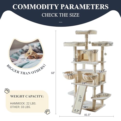 Allewie 68 Inches Cat Tree/House and Towers for Big Feline/Scratching Post/Multi-Level Large Kitty Climbing Tree with Condo/Smokey Grey