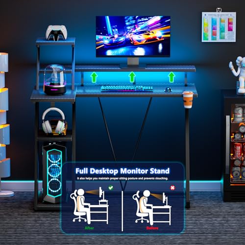 L Shaped Gaming Desk with LED Lights & Power Outlet, 47 Inch Computer Desk with Extra Storage Shelves, Reversible Gamer Workstations with Monitor Stand for Bedroom, Carbon Fiber Black
