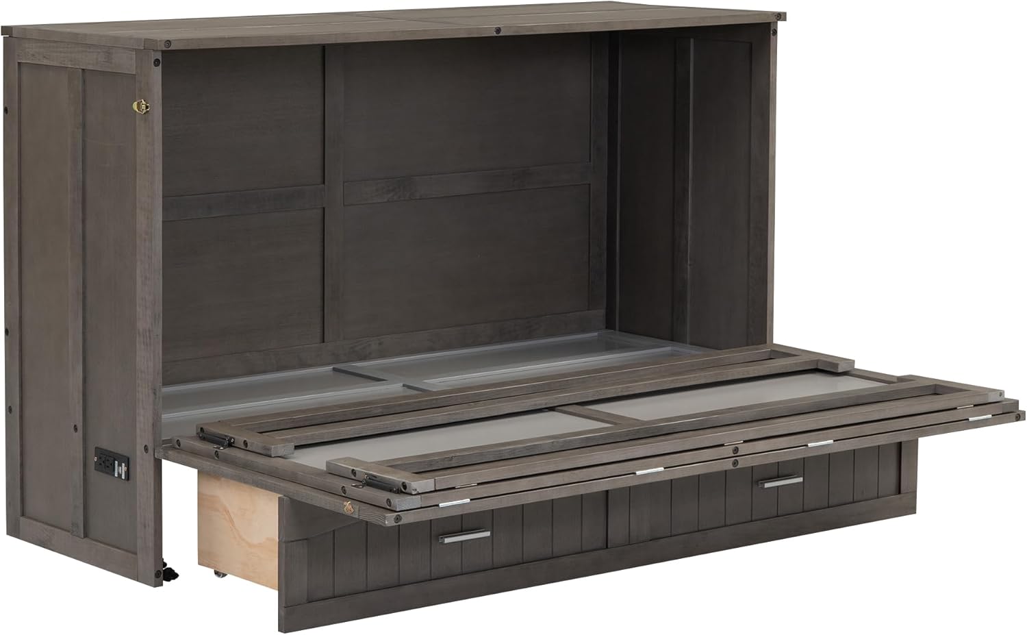 Queen Murphy Bed Cabinet, Wood Murphy Bed Chest Bed with Drawer and Charging Station, 63'' Foldable Cabinet Bed for Dorm Loft Corner or Small Space