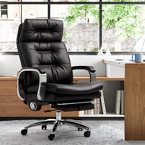 Kinnls Vane Office Chair with Footrest,Ergonomic Management Executive Fully Reclining Office Chair Double Thickened Upholstered Genuine Leather Home Desk Chairs (Without Massage-Coffee)