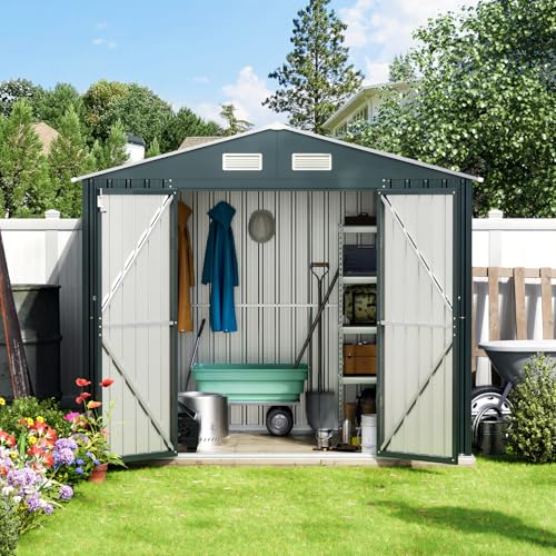 10X12X7.5 FT Outdoor Steel Storage Shed with Lockable Doors, 2 Windows, Transparent Roof Panels (Wood Panels & Frame Floor Not Included), Ideal for Patio Storage,Garbage Can, Chicken Coop，Brown
