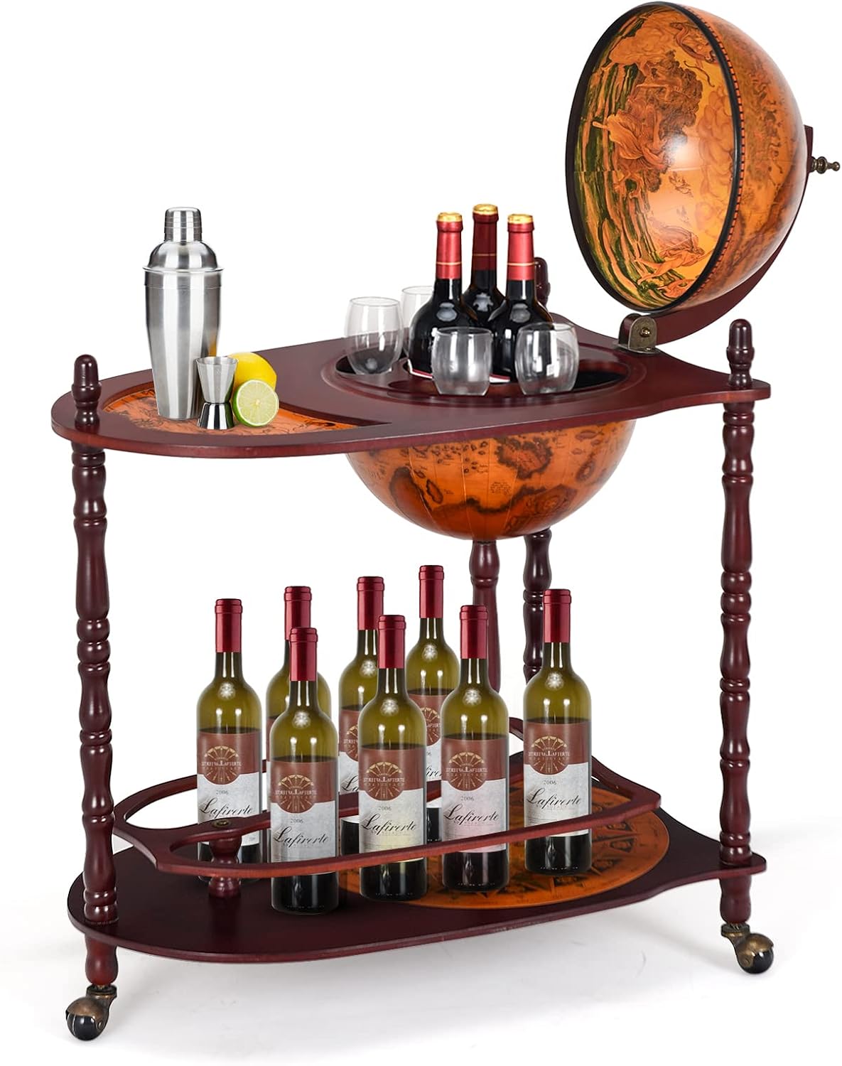 Globe Bar, 34.5’’ Wine Bar Cart with Wheels, 2 Storage Shelves & Old World Map, 16th Century Italian Replica Globe Liquor Cabinet, Wood Bar Stand for Dining Room Living Room Home
