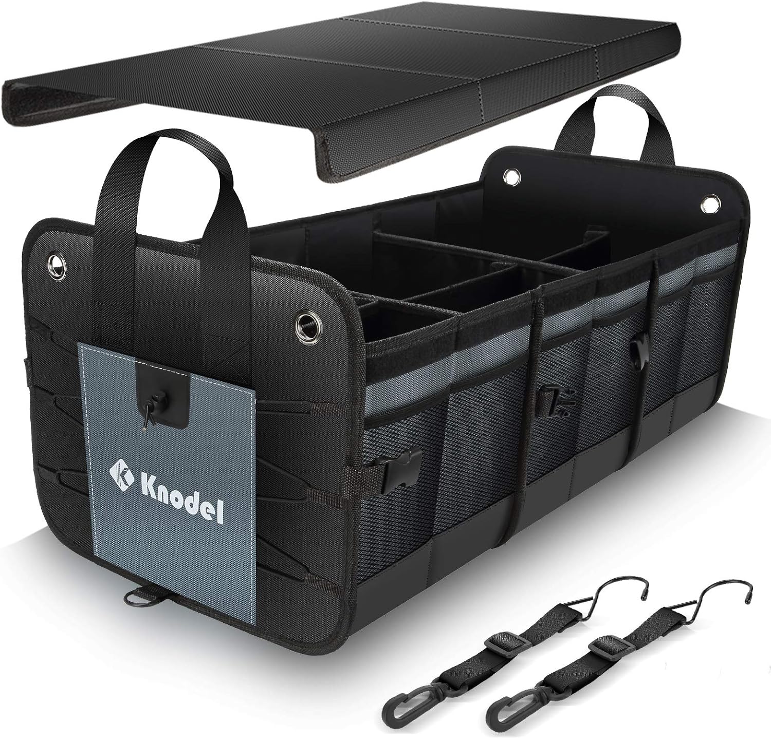 Knodel Car Trunk Organizer, Foldable Cover, Heavy Duty Collapsible Car Trunk Storage Organizer, Car Cargo Trunk Organizer with Lid, 3 Compartments, with Straps (Black) Pack of 2
