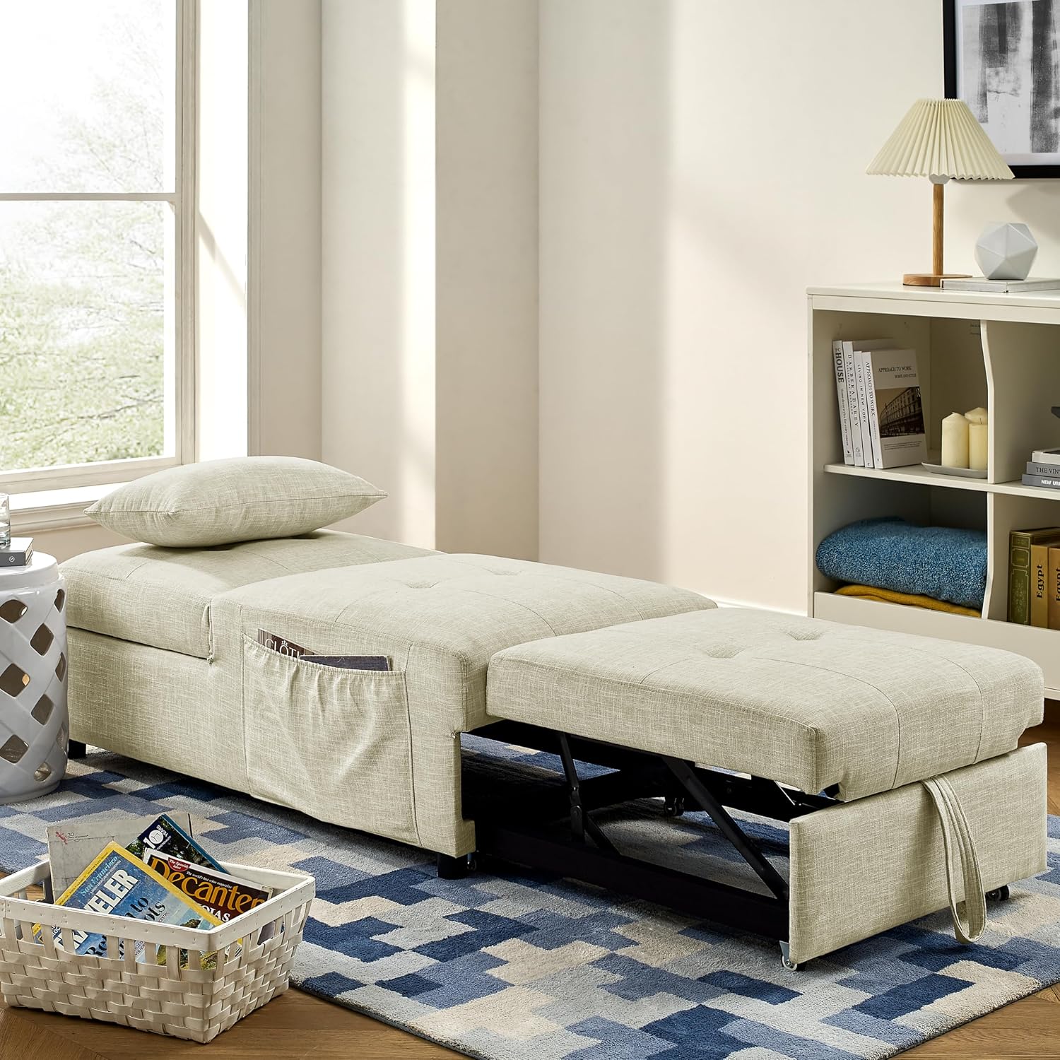 Folding Ottoman Sleeper Sofa Bed, 4 in 1 Function, Work as Ottoman, Chair,Sofa Bed and Chaise Lounge for Small Space Living, Begie (44" x 26" x 33"H)