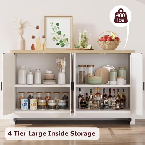 IDEALHOUSE Buffet Cabinet, Rattan Storage Cabinet with 4 Doors and Shelf, Sideboard Buffet Cabinet with Storage, Accent Cabinet Console for Dining Room, Living Room, Hallway (White)