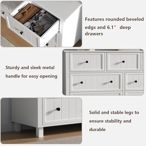 Farmhouse Dresser with 7 Drawers, White Dresser for Bedroom, Chest of Drawers, Modern Dresser for Closet, TV Stand with Large Drawers, Storage Dresser Organizer Clothes for Living Room, Hallway