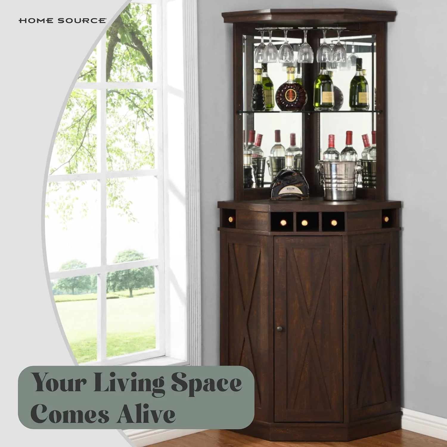 Mahogany Corner Bar 73" Tall Unit With Built-In Wine Rack  Lower Cabinet, Living Room,  Office, Kitchen, Small Space.