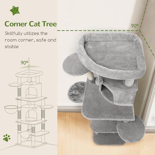 Globlazer Corner Cat Tree for Large Cats, 66inch Tall Curved Series Large Cat Tower for Multiple Indoor Cats with 6 Scratching Posts, 2 Spacious Cat Condos, Hammock, Hanging Basket, C66, Beige