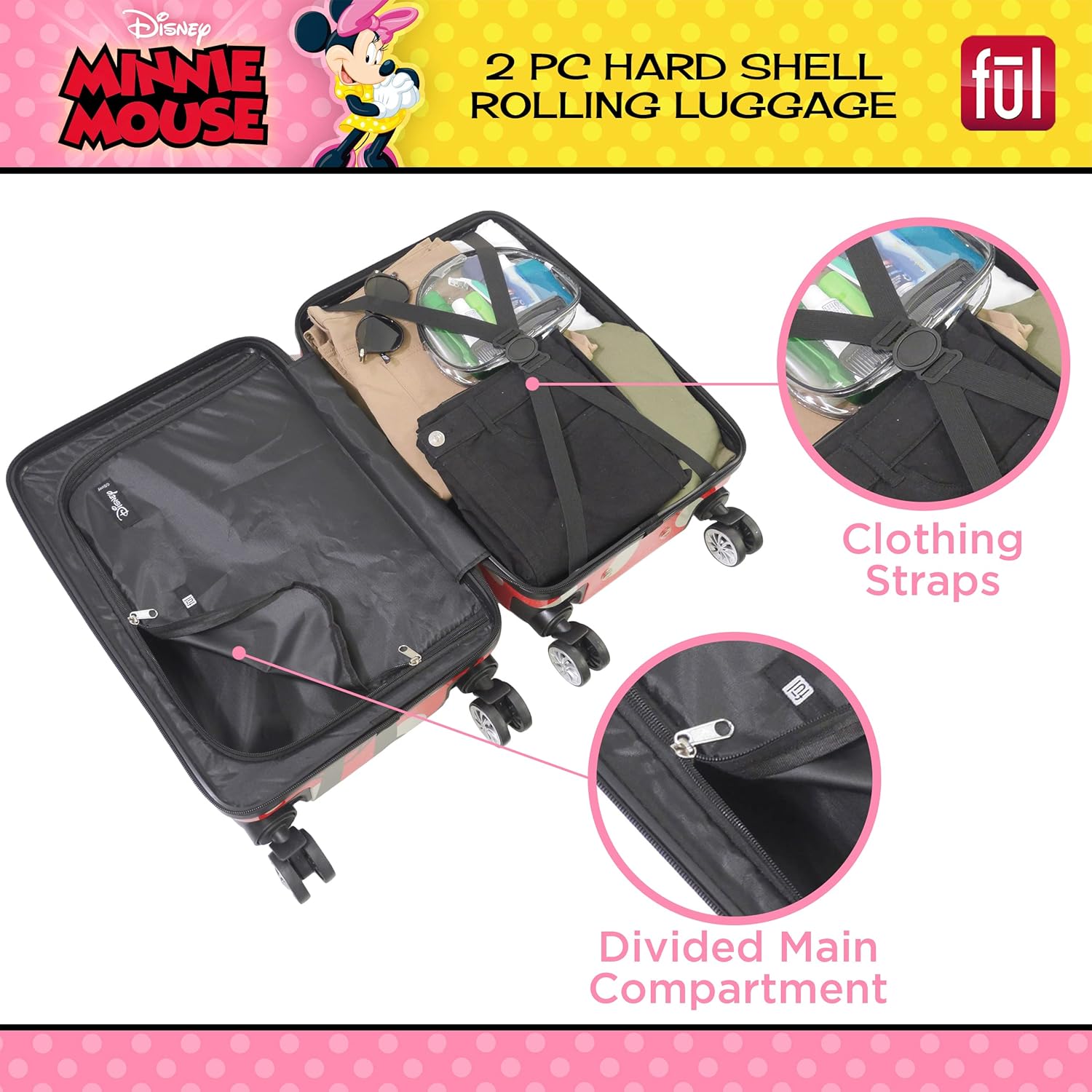 FUL Disney Minnie Mouse 2 Piece Rolling Luggage Set, Hardshell Suitcase with Wheels, Polka Dots, 20 Inch and 27 Inch, Red (FCFL0119SAMEC-600)