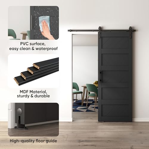 JUBEST 36" x 84" Barn Door, Slding Barn Door Kit Wave Shape Barn Door Panel with Hardware Kit Include, Easy Installation, Solid Wood, MDF & PVC Covered, Black