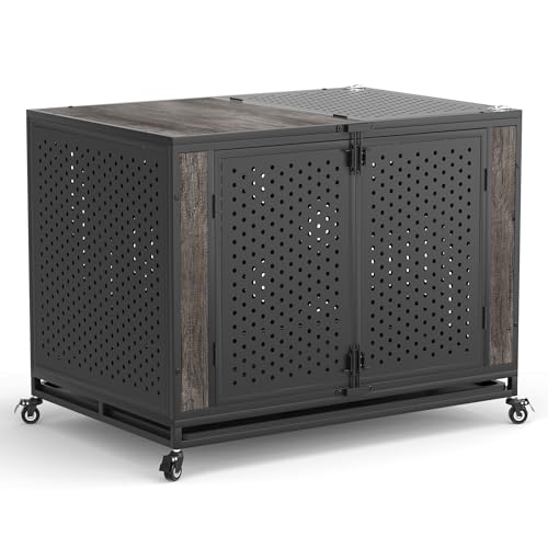 48" Heavy Duty Dog Crate Furniture for Extra Large Dogs, Enclosed Design with 0.5 inch Holes, Indestructible Metal Kennel for High Anxiety Dogs, Chew Proof Pet Cage House Indoor, Brown