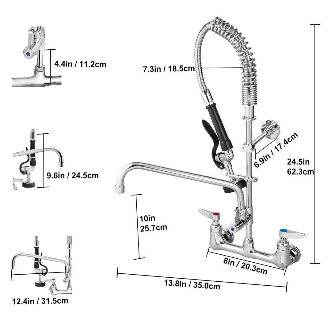 VEVOR Commercial Faucet with Pre-Rinse Sprayer 8 Adjustable Center Wall Mount Kitchen Faucet with 12 Swivel Spout - Shop Hardware Tools Online Store