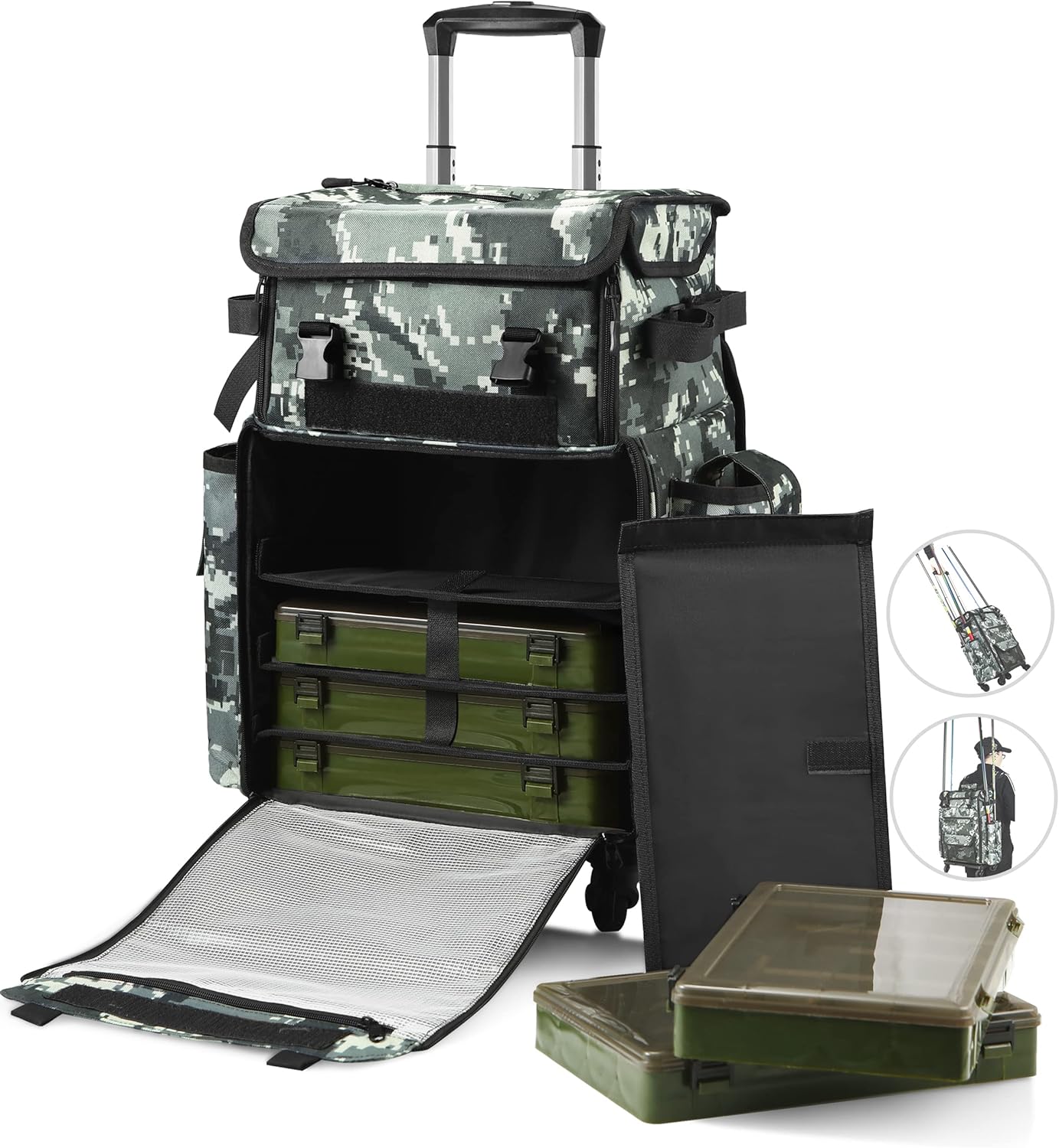 Rolling Fishing Tackle Bags with Rod Holder, Fishing Backpack Removable Wheels and Fishing Cart with Tackle Included, Fishing Gifts for Men, Waterproof Fishing Organizer Pack with Rod Case