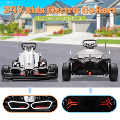36V Electric Go Kart for Kids, Licensed BMW Battery Powered Drift Racing Go Kart, 7.5 MPH Drift Kart with Dual 300W Powerful Motor, Kids Race Pedal Go Karting Car w/Adjustable Speed, White