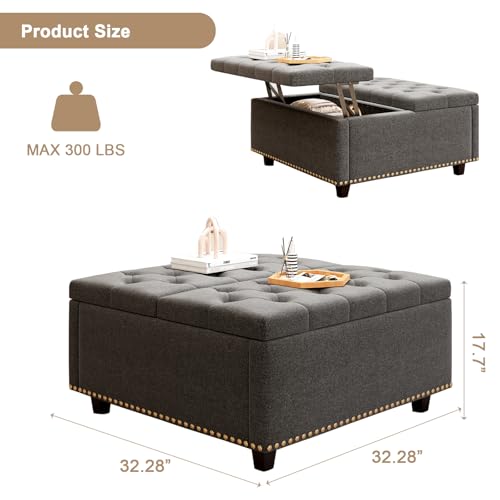 Large Square Storage Ottoman Coffee Table, 32'' Oversized Square Ottoman with Storage, Linen Upholstered Storage Ottomans with Lift Top & Nailhead Trim for Living Room, Light Grey