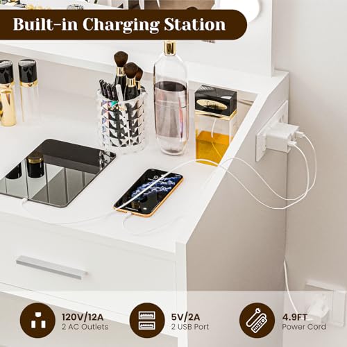 Vanity Desk with Mirror and Lights, Makeup Vanity Desk with Charging Station and Cushioned Stool, Dressing Table with 2 Drawers & 3 Lighting Modes Adjustable Brightness for Bedroom, Black