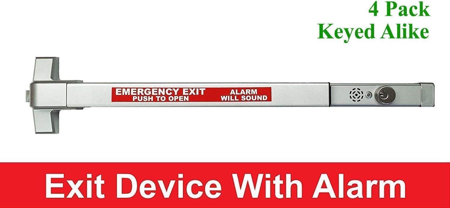 Commercial Door Push Bar Panic Exit Device with Alarm Sprayed Aluminum, Keyed Alike 4 Pack