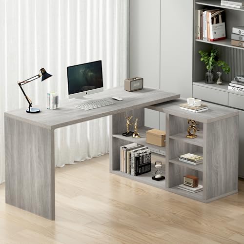 HSH L Shaped Computer Desk, Rustic Wood Corner Desk, Industrial Writing Workstation Table with Cabinet Drawer Storage for Home Office Study, Grey 55 inch