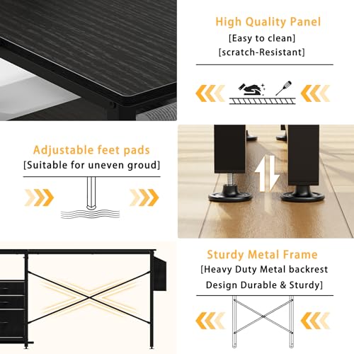 47 inch L Shaped Desk with 3 Fabric Drawers, Reversible Computer Desk with Top Shelf & Storage Shelf & CPU Stand for Home Office,Corner Gaming Desk Work Study Table for Gaming Writing,Black