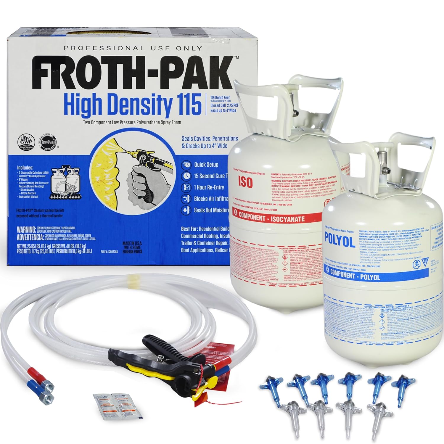 FROTH-PAK 115 High Density Spray Foam Sealant Kit, 2.75 PCF. 2 Part Chemically Cured Polyurethane Foam. Yields Up to 115 Board Feet. Low GWP Formula. Made in The USA