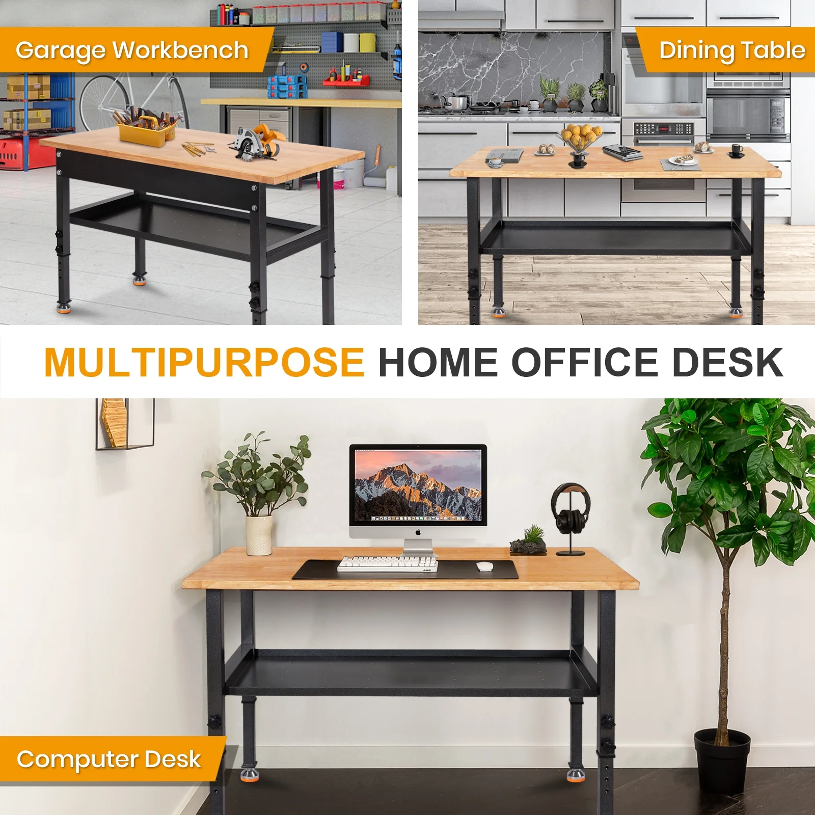 Polar Aurora 48" Adjustable Heavy-Duty Workbench, Rubber Wood Top Worktable with partition