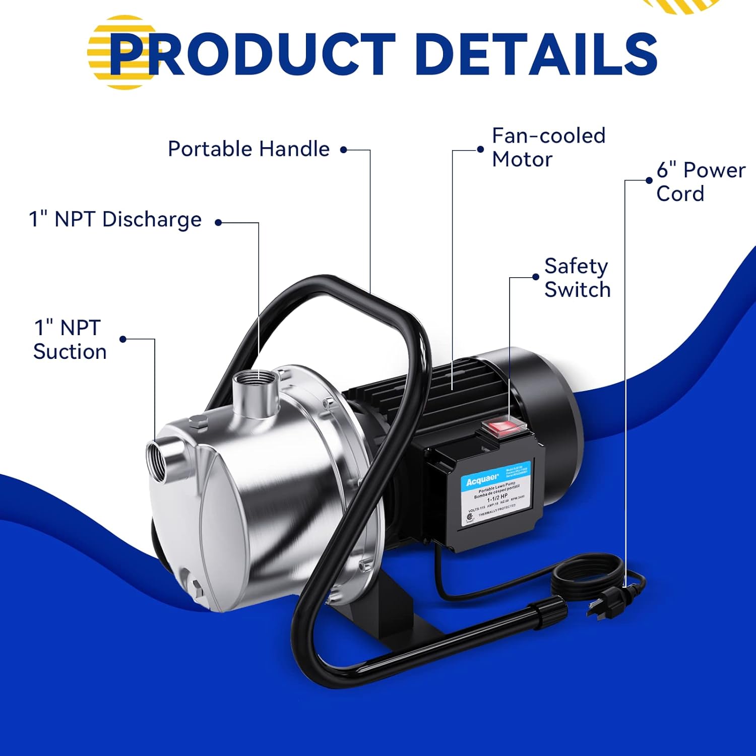Acquaer 1.5HP Portable Shallow Well Pump Garden Pump, Stainless Steel, 1210GPH, 115V Sprinkler Pump Water Transfer Draining Irrigation Pump for Water Removal/Lawn Garden