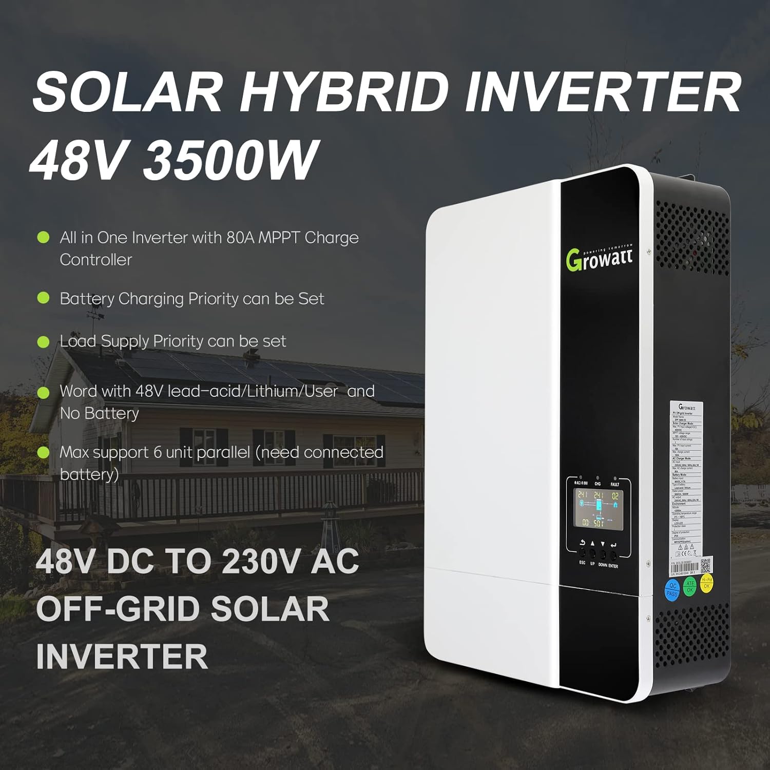 Growatt 3500W Solar MPPT Inverter 48V to 230V AC, Off Grid Hybrid Inverter Bulit in 80A Solar Controller, 3.5KW Solar Charger Inverter Max PV Input 450V, fit for 48V Lead-Acid/Lithium/Without Battery