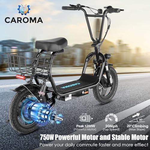 Caroma Peak 500W/800W/1200W Electric Scooter with Seat, Max 15/20/30Miles Range&20MPH, 14" Tires Foldable Adult Electric Scooter with Basket for Pets & Cargo, Dual Shock Absorbing Ebike for Commuting