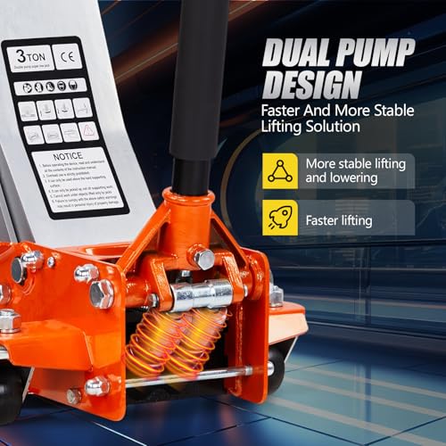 TUFFIOM Low Profile Floor Jack, Heavy Duty Jack with Dual Pistons Quick Lift Pump for Cars & SUVs, Lifting Range 2-19/20" to 20-1/10", Orange