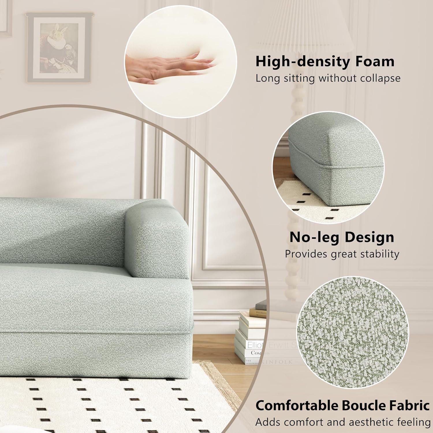 109.4" Modern Cloud Curved Sofa, Upholstery Boucle Chaise Lounge Sofá, Comfy Deap Seat Sectional Couch with Left Arm Facing for Living Room, Apartment, A-Green a