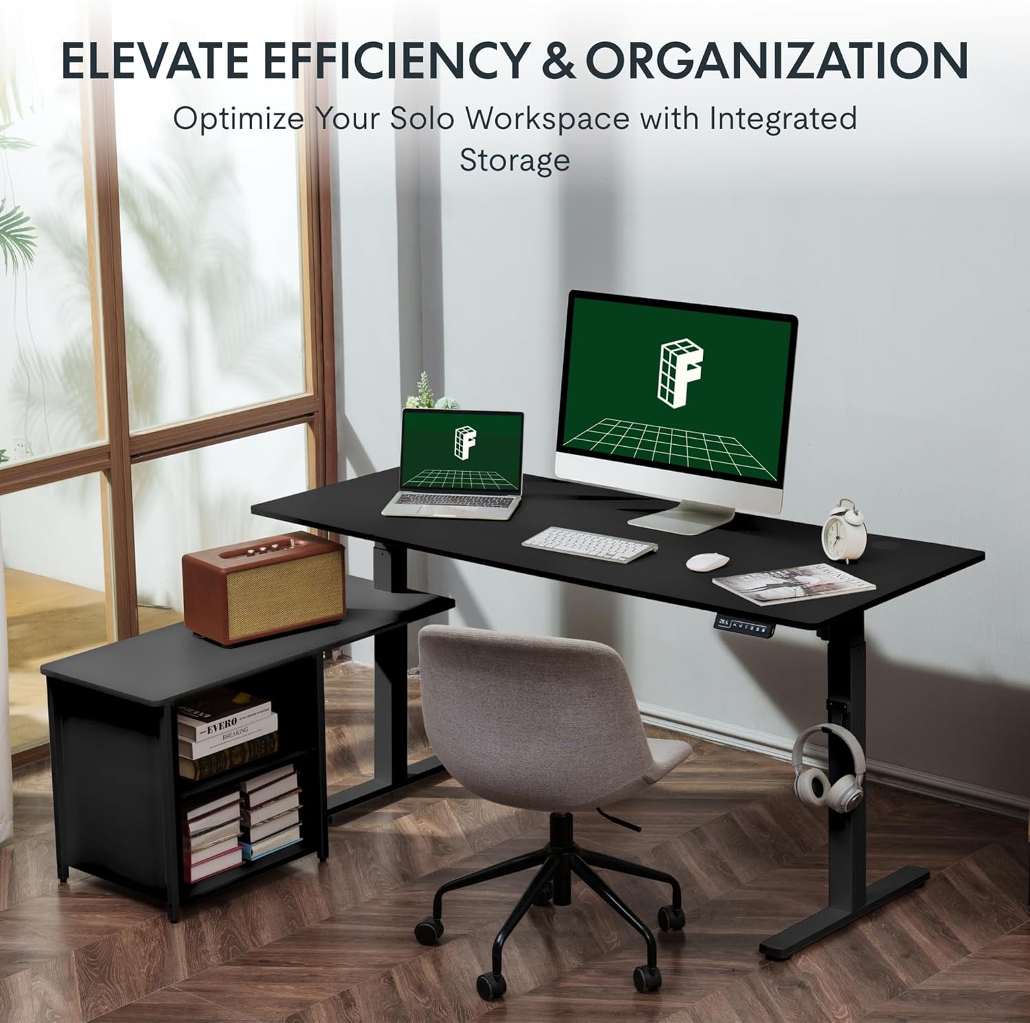FLEXISPOT 55'' L Shaped Standing Desk with Drawers, Adjustable Height Desk with Shelves, Large Corner Stand Up Desk with Headphone Hooks for Home Office, Black Top+ Black Frame
