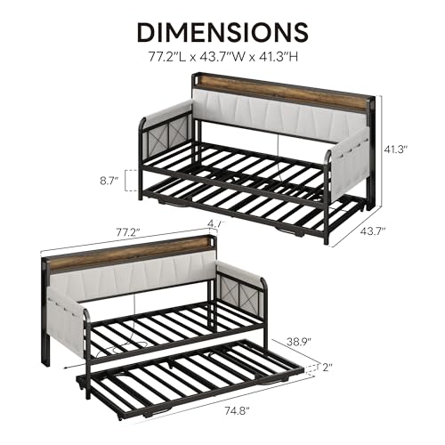 LIKIMIO Daybed with Trundle Bed, Twin Bed Frame with Storage Headboard and Charging Station, Sofa Day Bed with Strong Supports for Living Room, Bedroom, and Guest Room, Grey