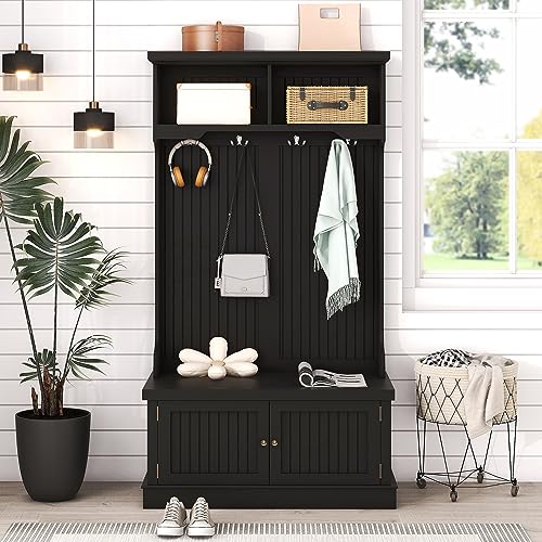 Hall Tree With Storage Shoe Bench Multi-Functional Coat Racks With Hooks For Living Room Entryway Hallway black