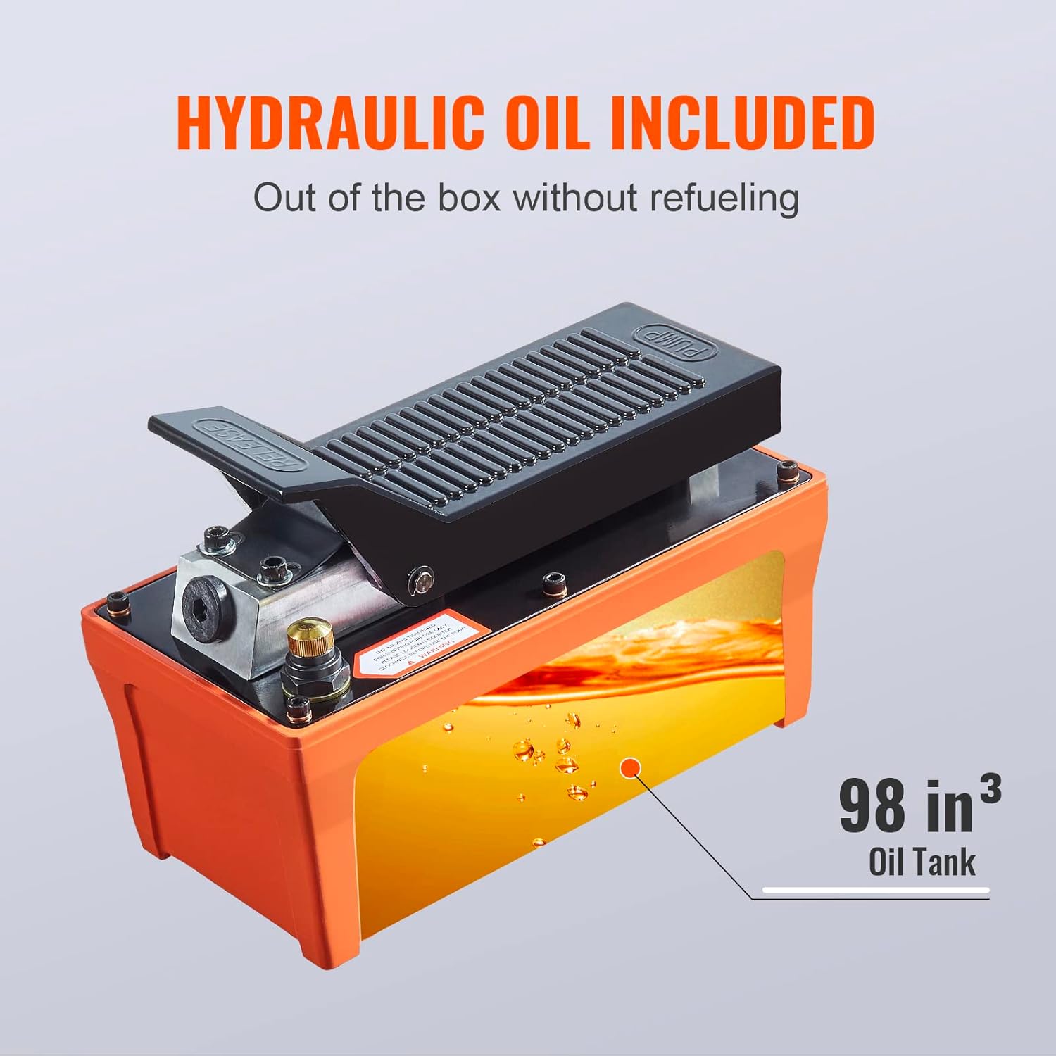 VEVOR Air Hydraulic Pump, 10,000 PSI 1/2 Gal Reservoir, NPT 3/8" Oil Outlet, NPT 1/4" Inlet, 6.6 ft Pipe, Foot Actuated Hydraulic Pump Air Treadle for Auto Body Frame Machines and Pulling Post, Orange