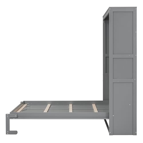 Voohek Full Size Murphy Bed with 2 Tier Shelves, Folding Bedframe w/Flexible Slats Support, Space-Saving Design, Can Be Folded Into A Cabinet, for Kids, Teens, Adults, No Box Spring Needed (White)