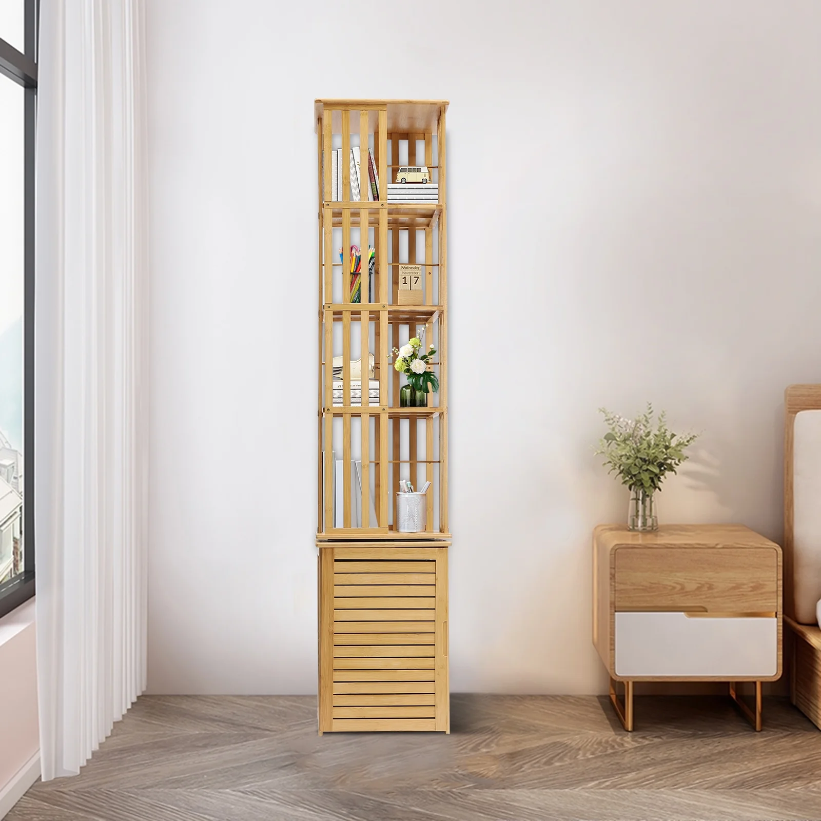 ZhdnBhnos 6 Tier 360° Rotating Corner Bookshelf Floor Standing Revolving Bookcase Bamboo Storage Rack Narrow Book Shelf Organizer for Bedroom, Living Room, Study Room