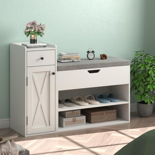 Loomie Shoe Storage Bench, 2-Tier Farmhouse Entryway Bench with Sliding Barn Door Storage Cabinets & Full Soft Removable Seat Cushion, Silm Shoe Rack with Shoe Cabinet for Entryway, Hallway, Bedroom